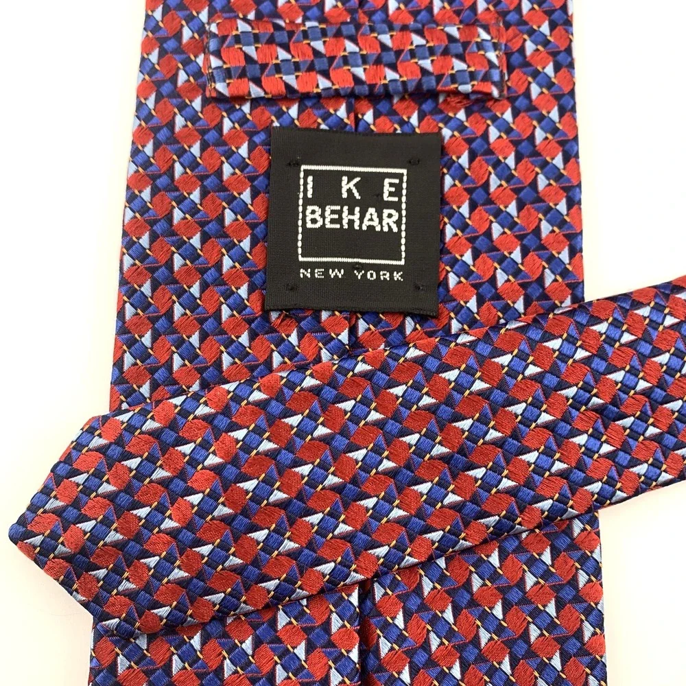 Ike Behar Mens Tie Red & Blue Geometric Repp Thick 100% Silk‎ Necktie